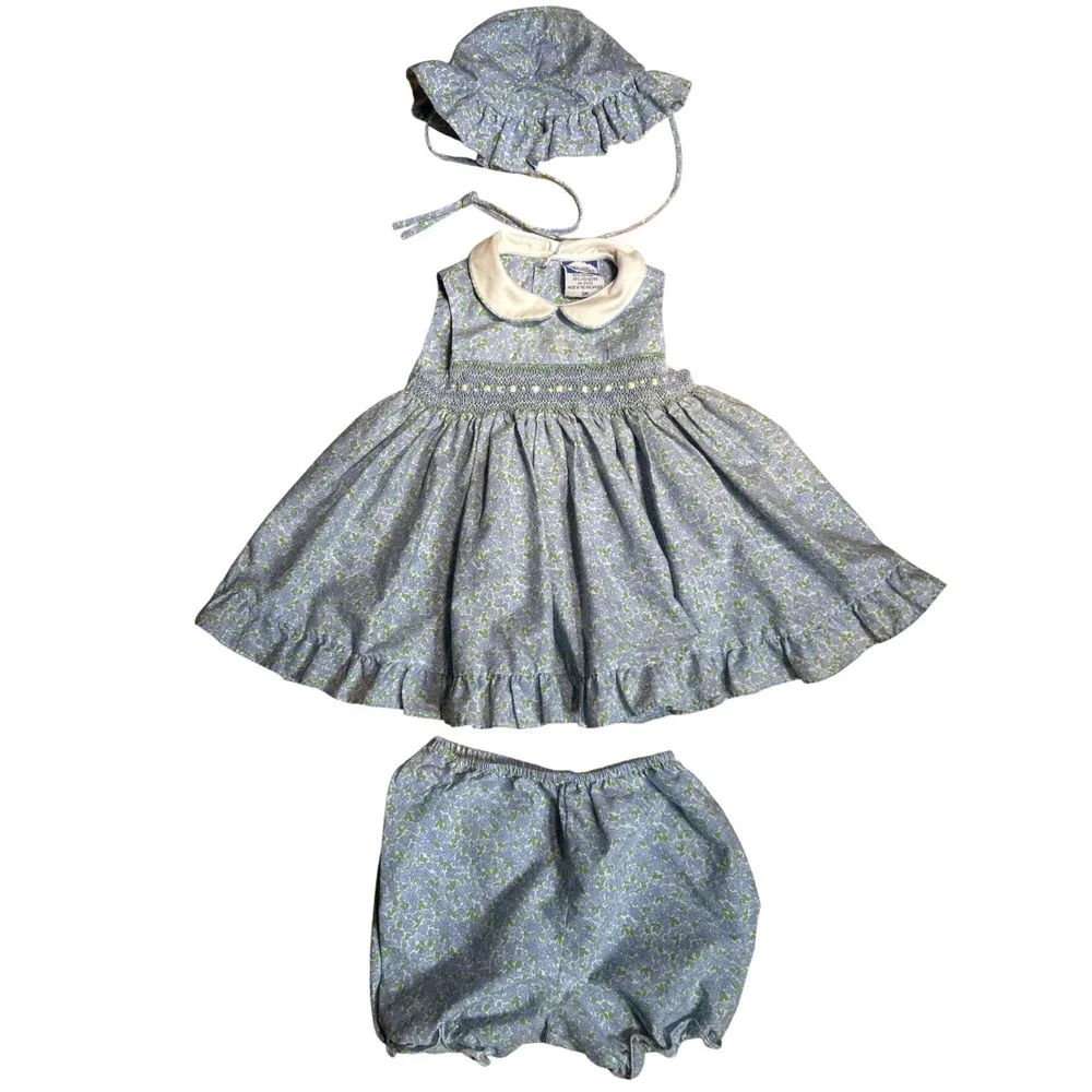 VTG Carriage Boutiques Baby Girls Blue Floral Smocked Dress‎ Bloomers Hat Set 9M